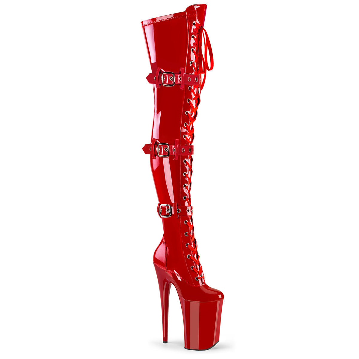 INFINITY-3028 9" Heel, 5 1/4" PF Buckled Lace Up Thigh Boot, Side Zip
