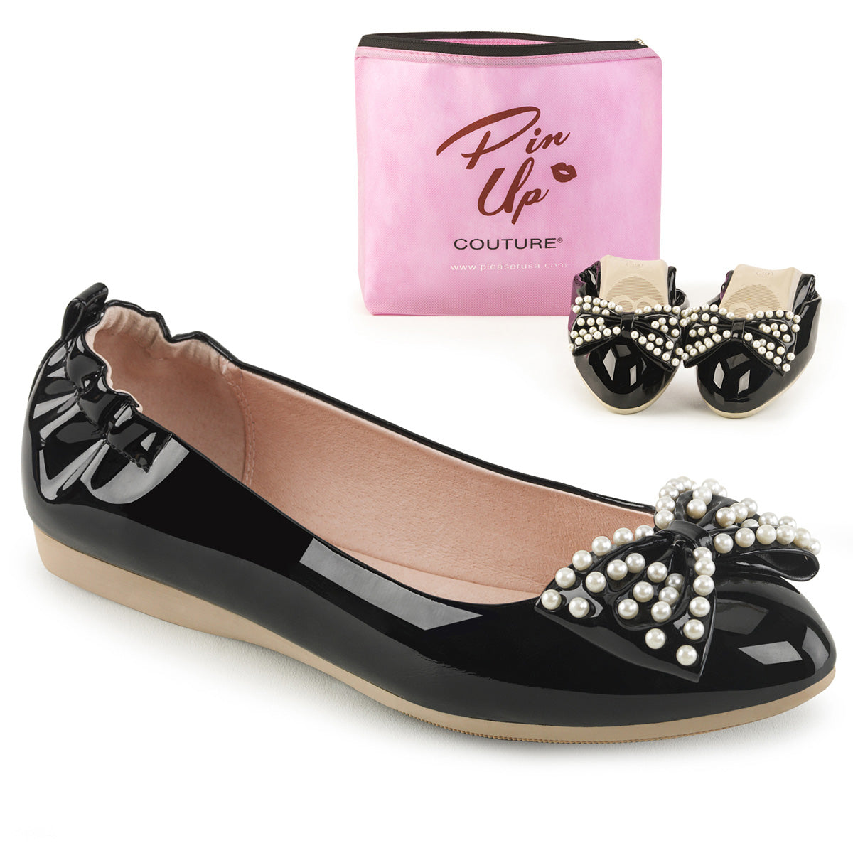 IVY-09 *Pointed Toe Foldable Flats W/ Pearl Embellished Bow