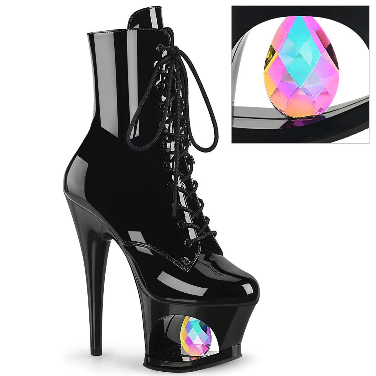 MOON-1020DIA 7" Heel, 2 3/4" Cut-Out PF Lace-Up Ankle Boot, Side Zip