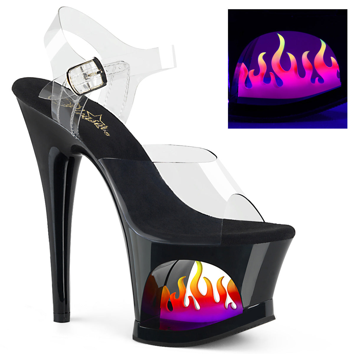 MOON-708FLM 7" Heel, 2 3/4" Cut-Out PF Ankle Strap Sandal w/ Flame
