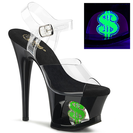 MOON-708USD 7" Heel, 2 3/4" Cut-Out PF Ankle Strap Sandal w/Money Sign