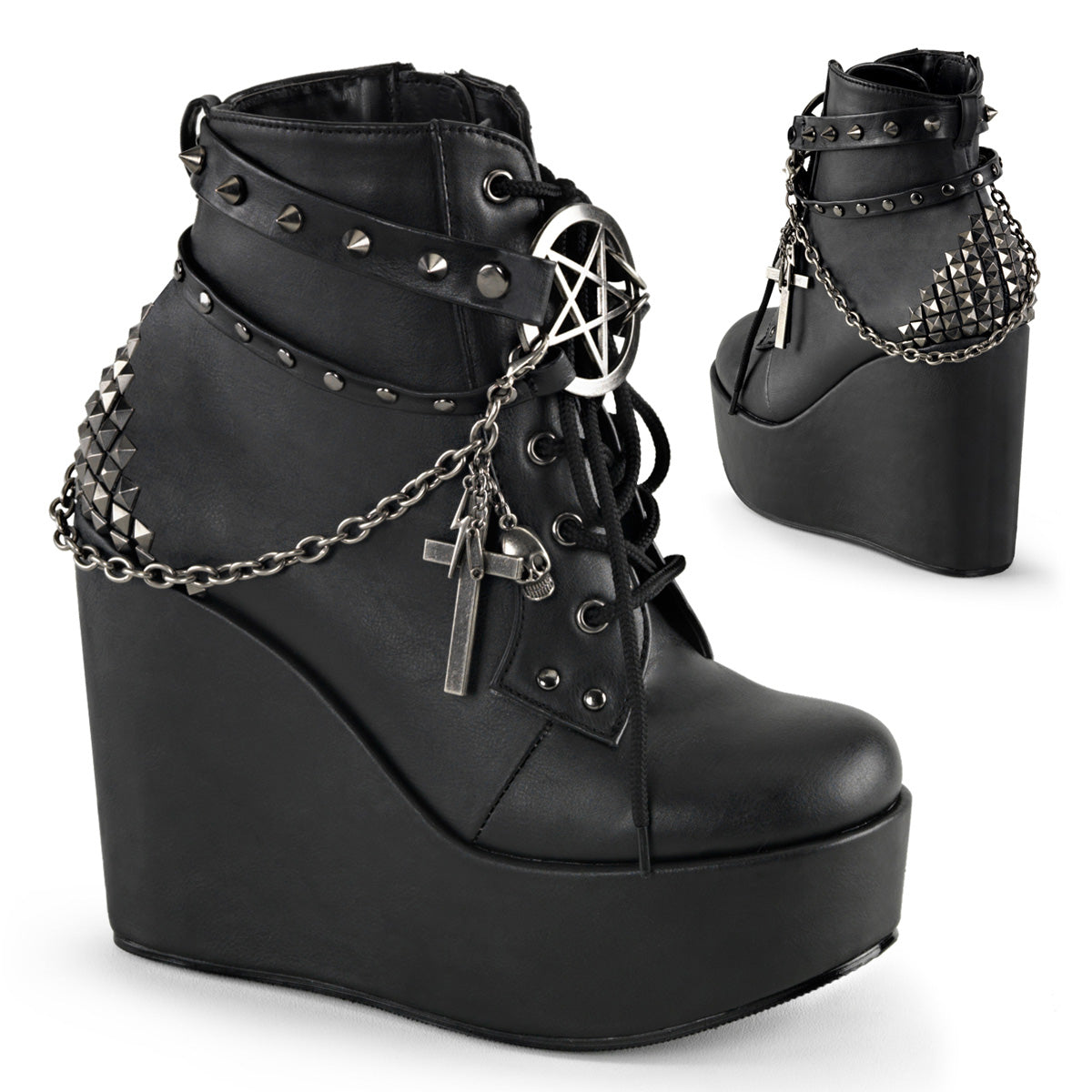 POISON-101 5" Wedge PF Boot w/Straps, Studs, Assorted Charms & Chain