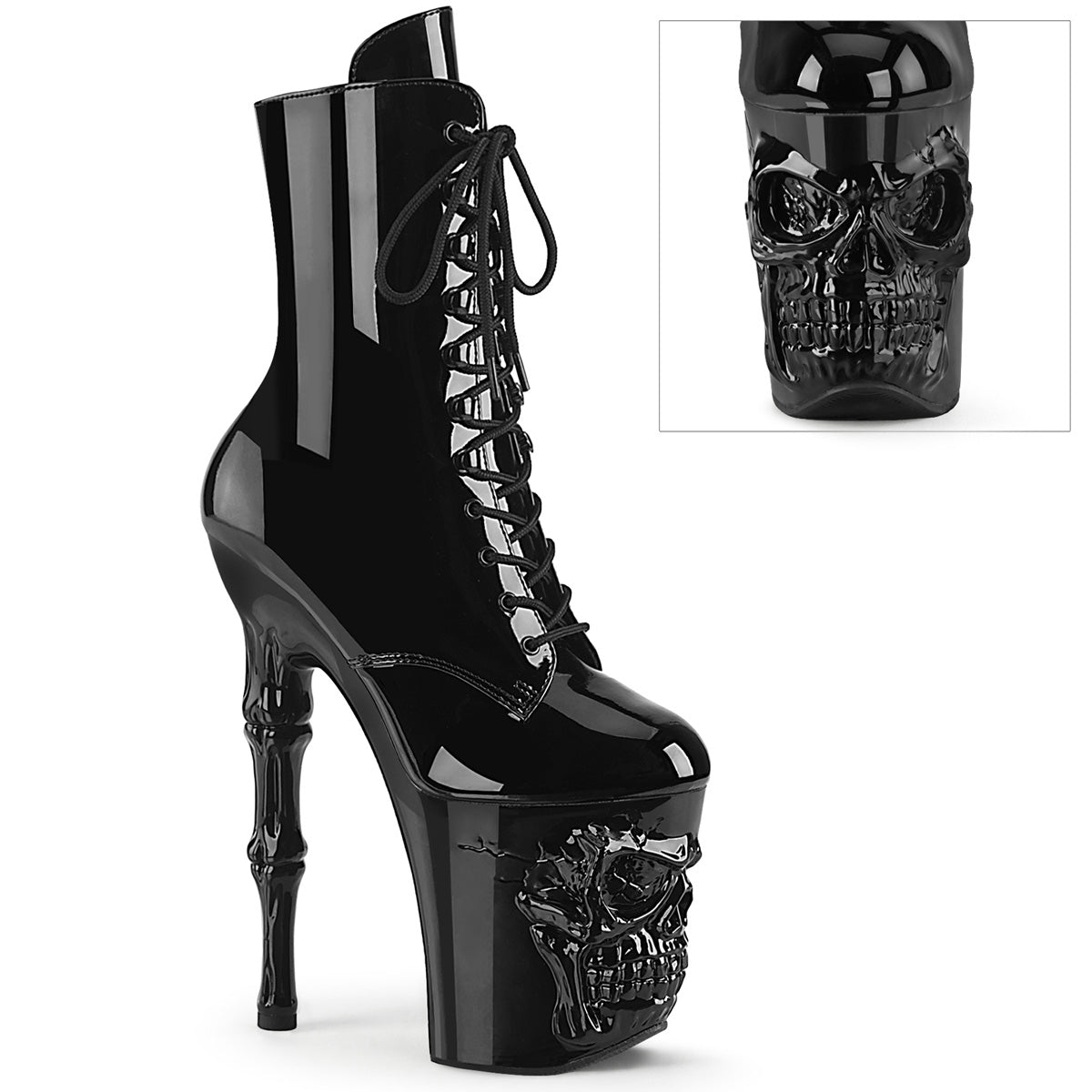 RAPTURE-1020 8" Finger Bone Heel, 4" Skull PF Ankle Boot, Inside Zip