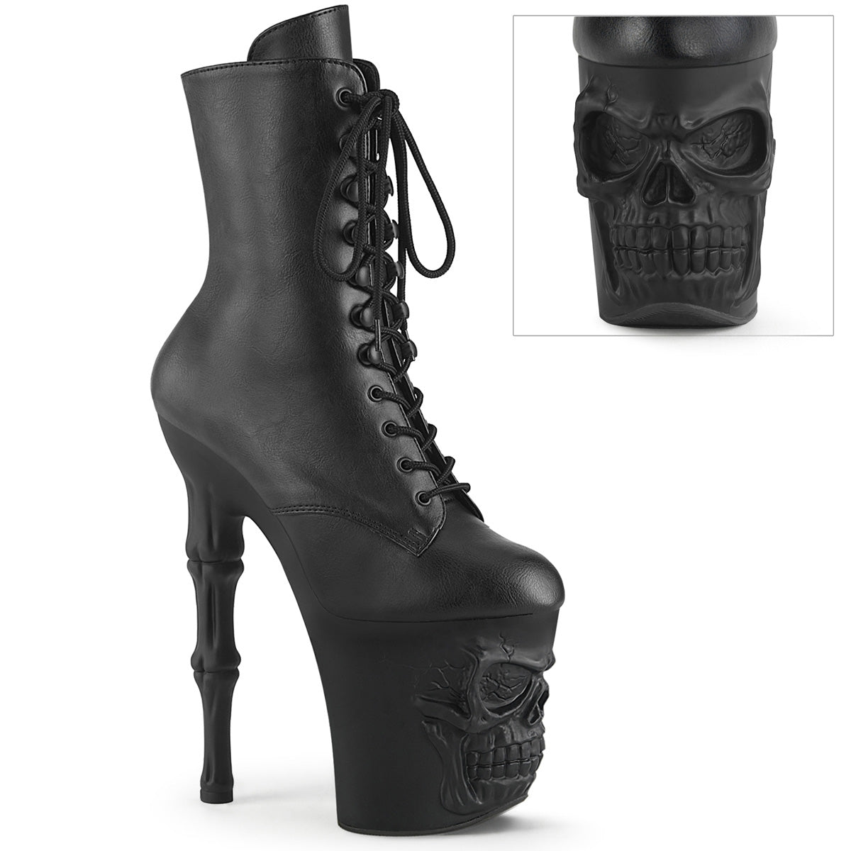 RAPTURE-1020 8" Finger Bone Heel, 4" Skull PF Ankle Boot, Inside Zip
