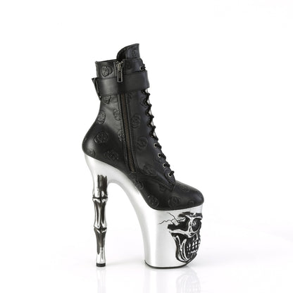 RAPTURE-1020STR-02 8" Finger Bone Heel, 4" Skull PF Ankle Boot, Inside Zip