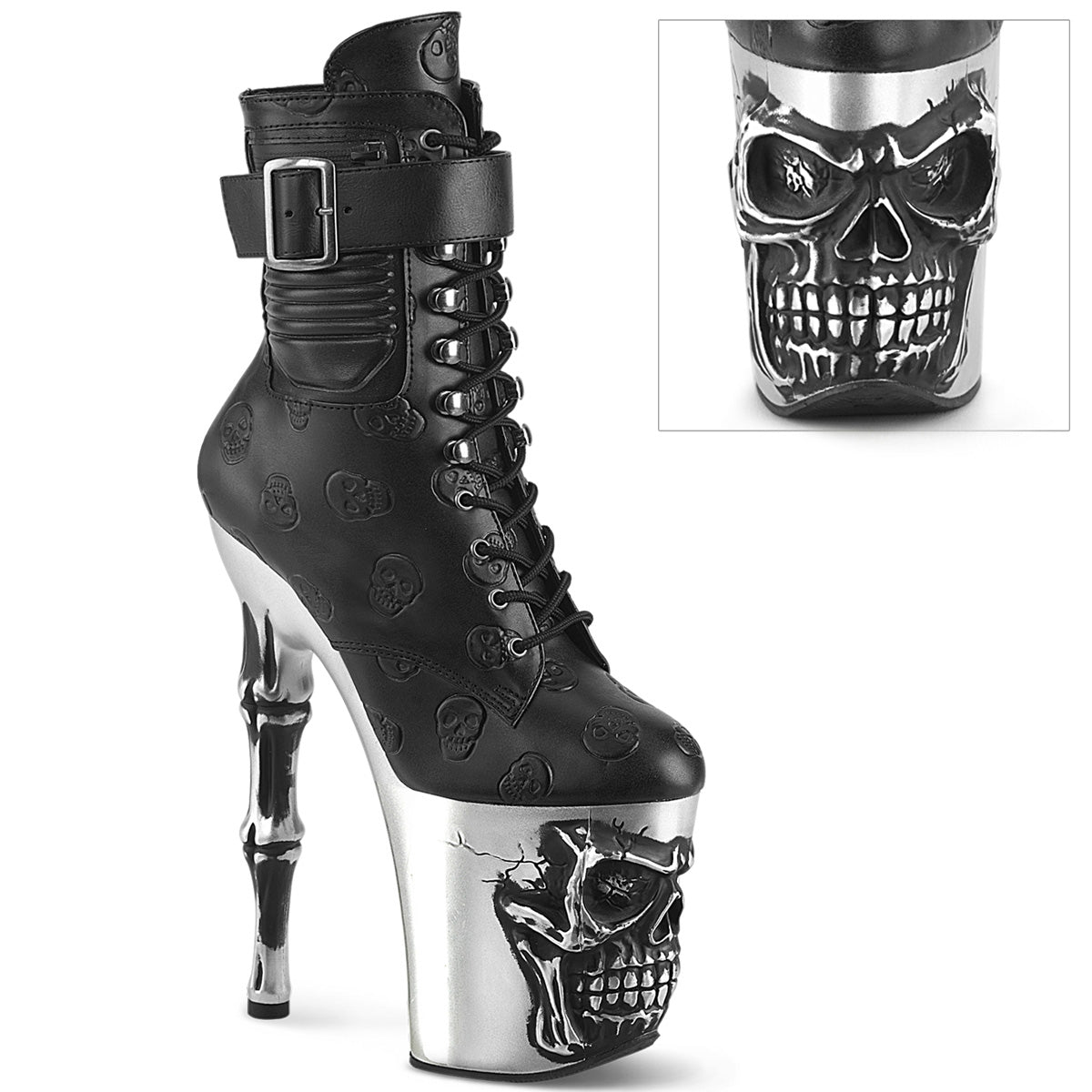 RAPTURE-1020STR-02 8" Finger Bone Heel, 4" Skull PF Ankle Boot, Inside Zip