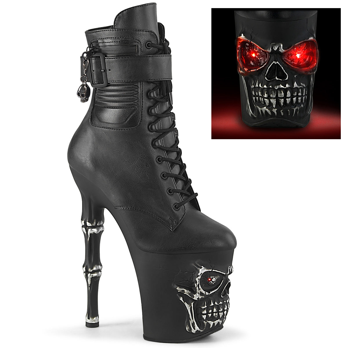 RAPTURE-1020STR-LT 8" Finger Bone Heel, 4" Skull PF LED Ankle Boot, Side Zip