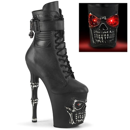 RAPTURE-1020STR-LT 8" Finger Bone Heel, 4" Skull PF LED Ankle Boot, Side Zip