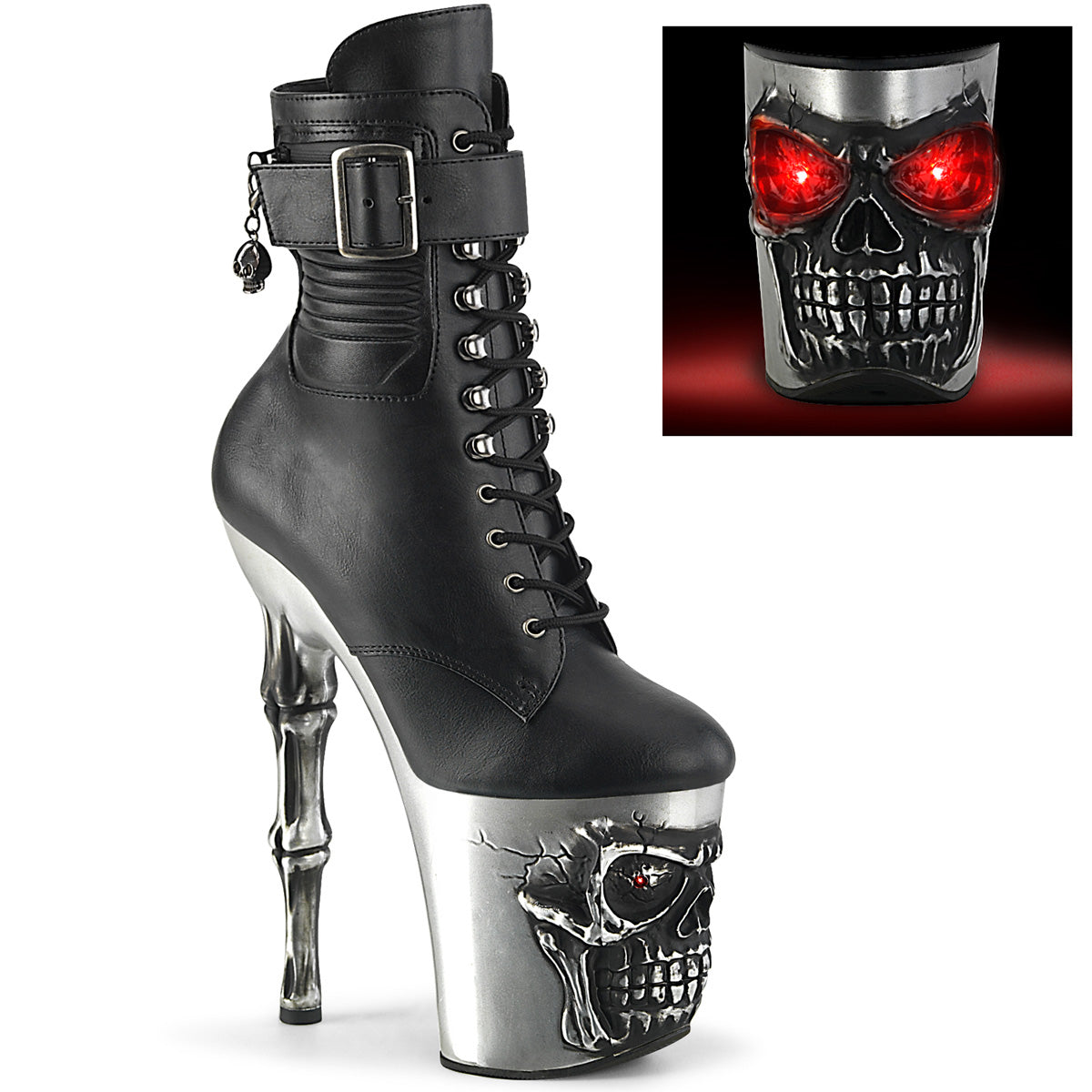 RAPTURE-1020STR-LT 8" Finger Bone Heel, 4" Skull PF LED Ankle Boot, Side Zip