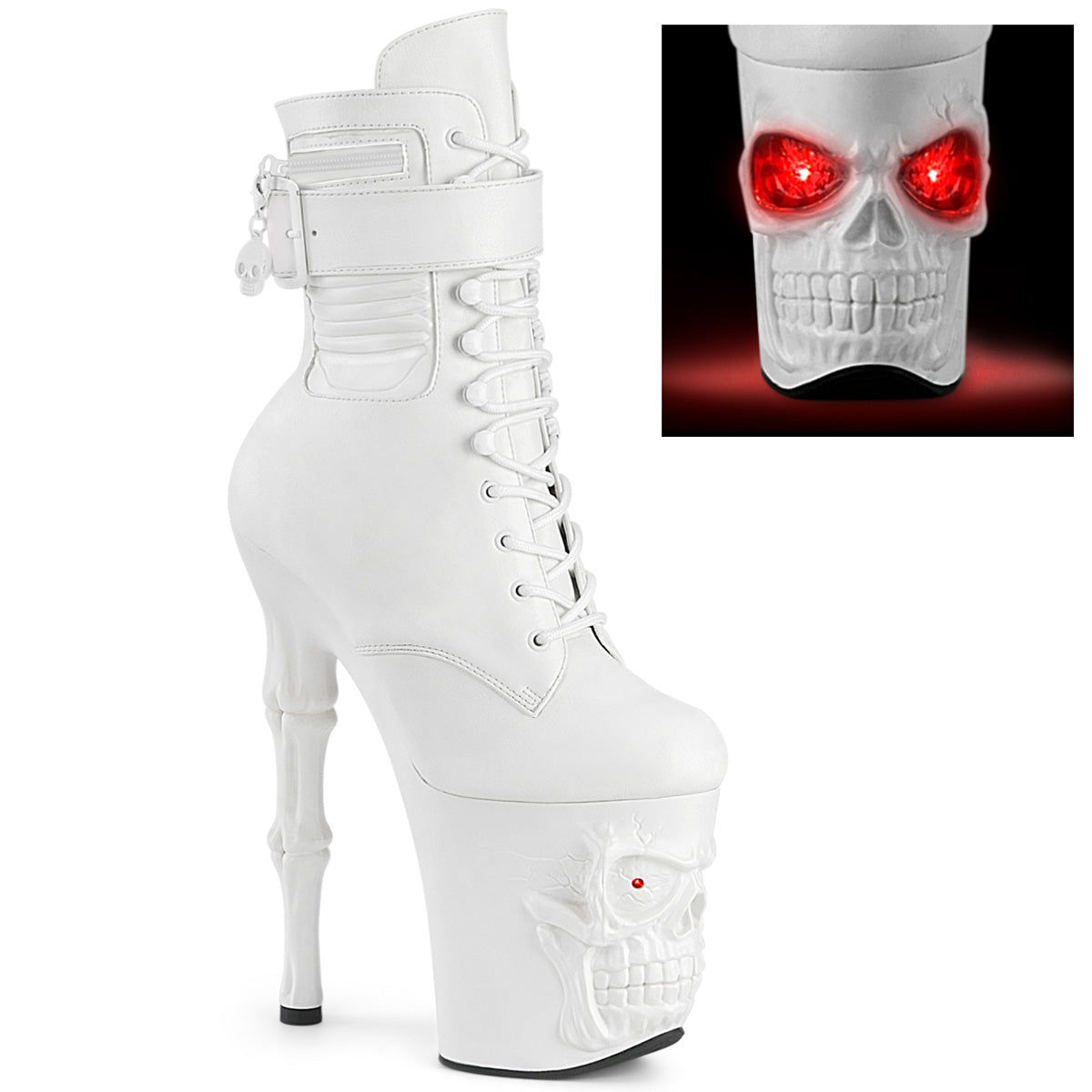 RAPTURE-1020STR-LT 8" Finger Bone Heel, 4" Skull PF LED Ankle Boot, Side Zip