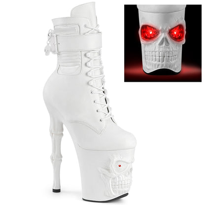 RAPTURE-1020STR-LT 8" Finger Bone Heel, 4" Skull PF LED Ankle Boot, Side Zip