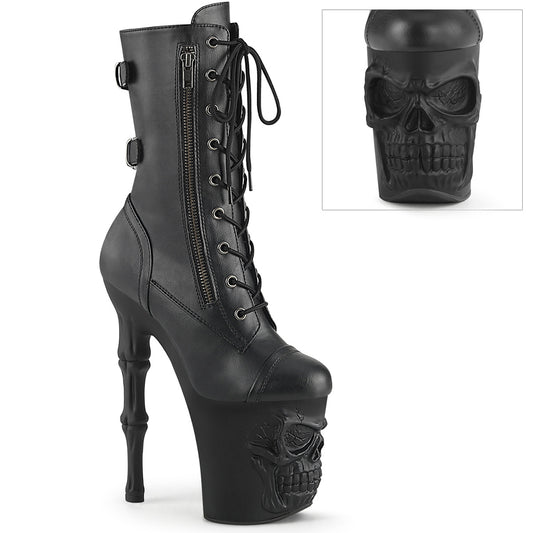RAPTURE-1047 *8" Finger Bone Heel, 4" Skull PF Mid Calf Boot, Inside Zip