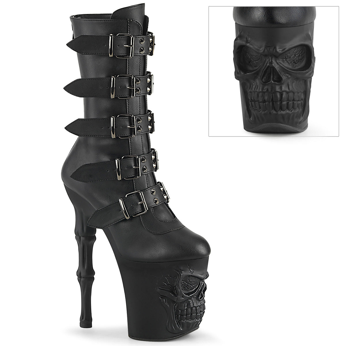 RAPTURE-1052BK *8" Finger Bone Heel, 4" Skull PF Mid Calf Boot, Inside Zip