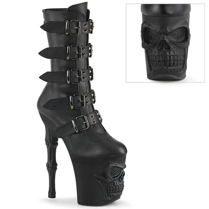 RAPTURE-1052BK *8" Finger Bone Heel, 4" Skull PF Mid Calf Boot, Inside Zip