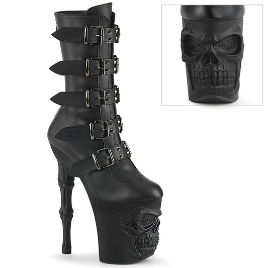 RAPTURE-1052BK *8" Finger Bone Heel, 4" Skull PF Mid Calf Boot, Inside Zip