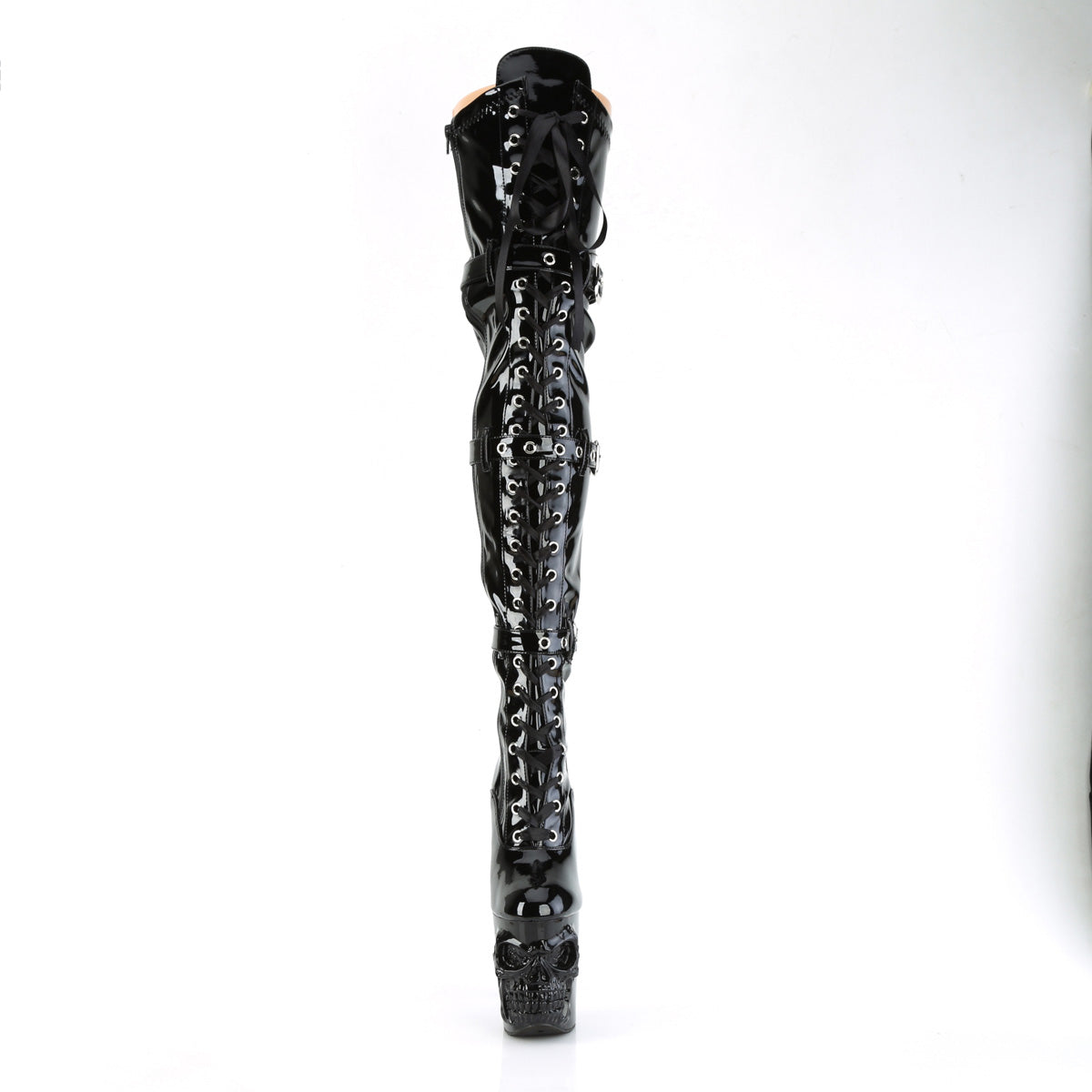 RAPTURE-3028 8" Finger Bone Heel, 4" Skull PF Thigh Boot, Inside Zip