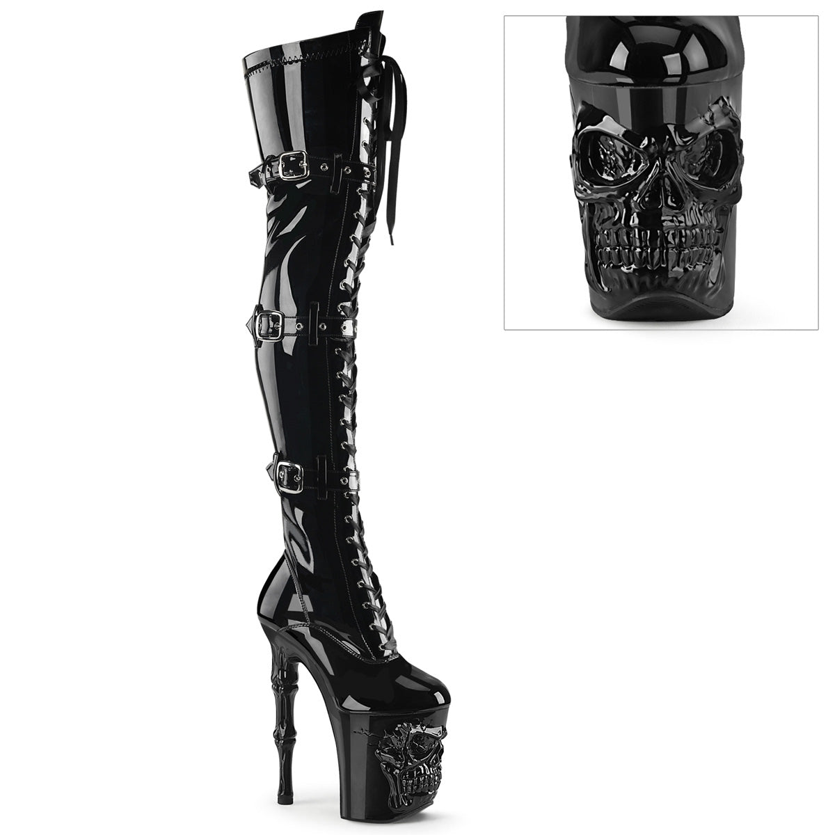 RAPTURE-3028 8" Finger Bone Heel, 4" Skull PF Thigh Boot, Inside Zip