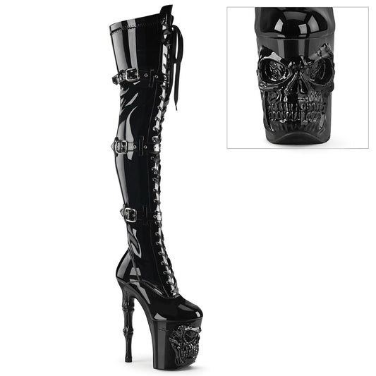 RAPTURE-3028 8" Finger Bone Heel, 4" Skull PF Thigh Boot, Inside Zip