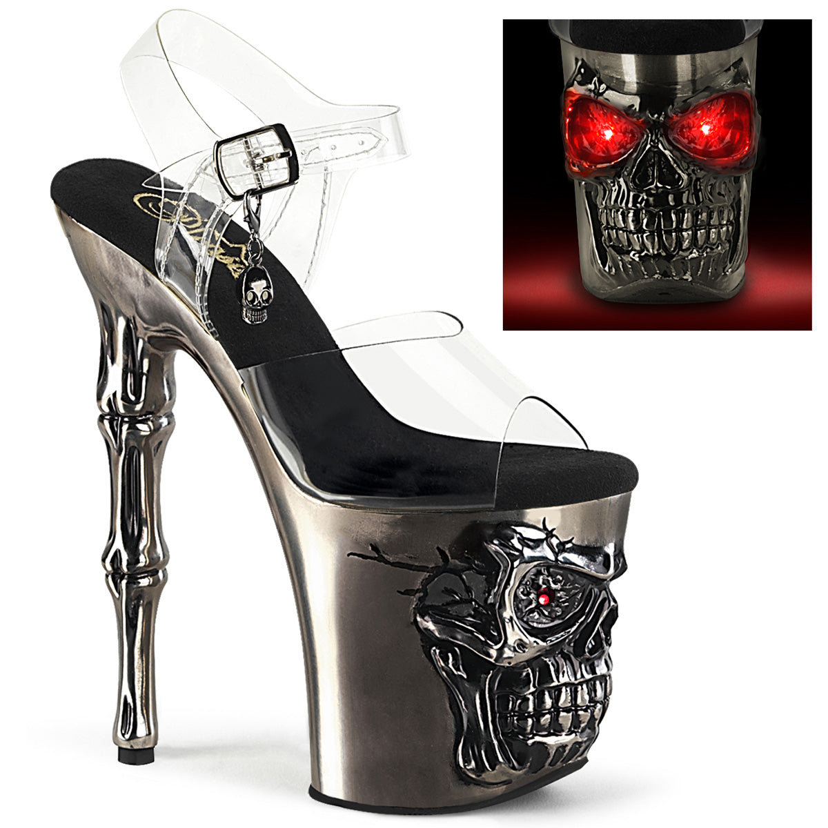 RAPTURE-808-LT *8" Finger Bone Heel, 4" Skull PF LED Ankle Strap Sandal