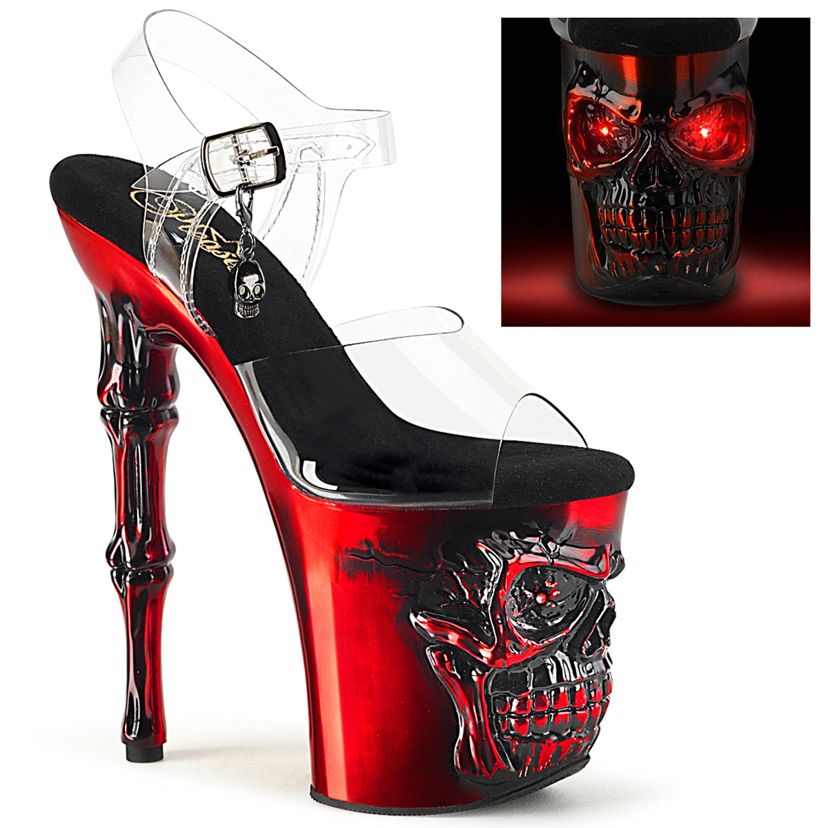 RAPTURE-808-LT 8" Finger Bone Heel, 4" Skull PF LED Ankle Strap Sandal