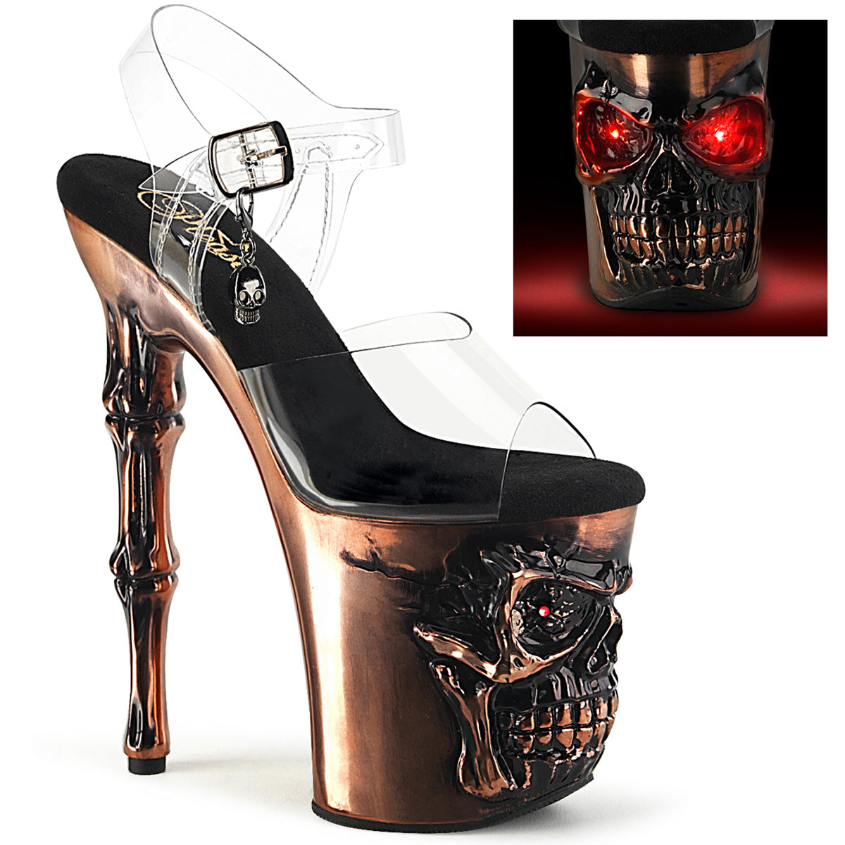 RAPTURE-808-LT *8" Finger Bone Heel, 4" Skull PF LED Ankle Strap Sandal