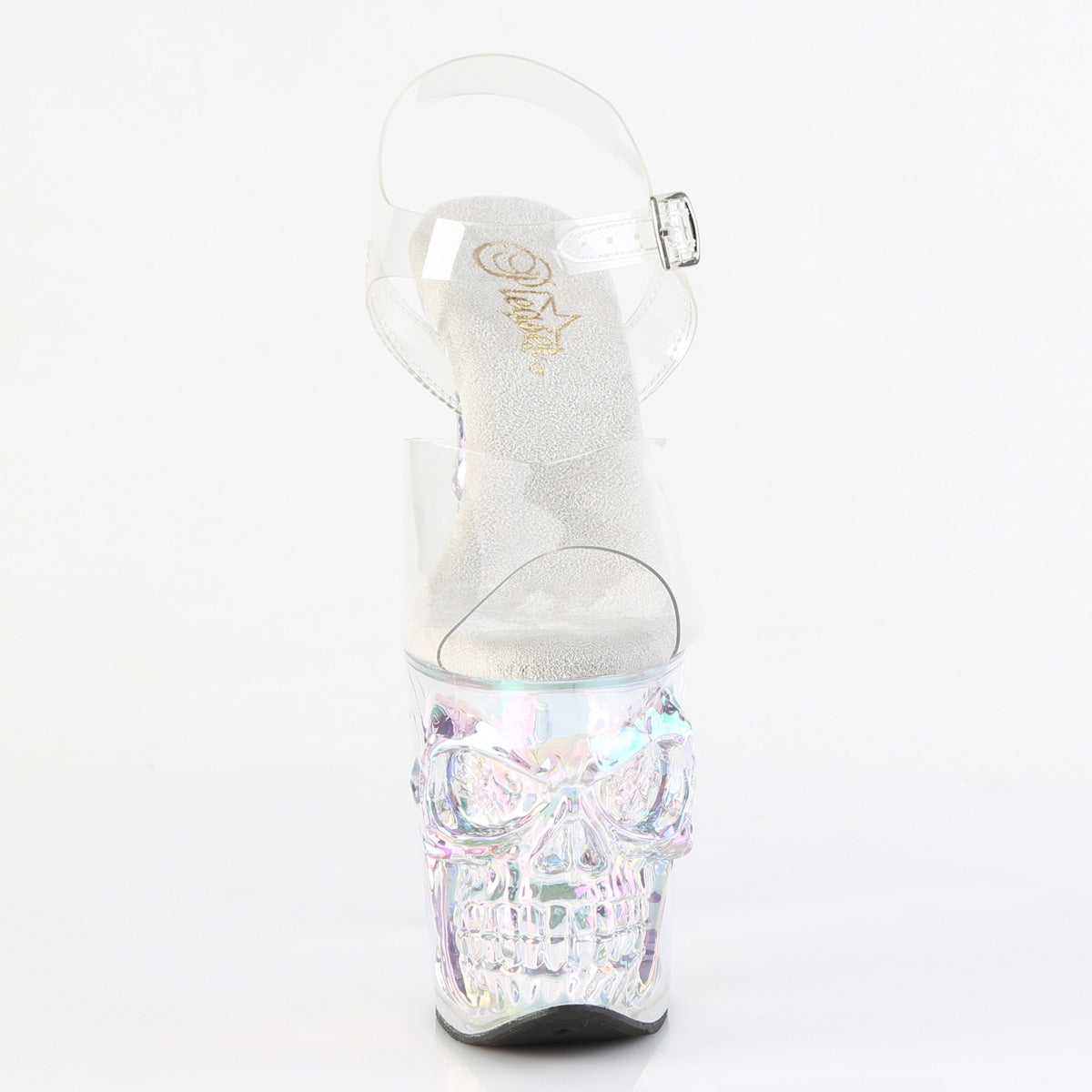 RAPTURE-808HT 8" Finger Bone Heel, 4" Tinted Skull PF Ankle Strap Sandal