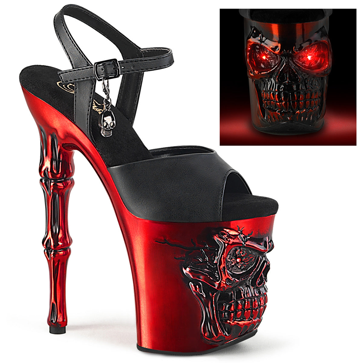 RAPTURE-809-LT 8" Finger Bone Heel, 4" Skull PF LED Ankle Strap Sandal