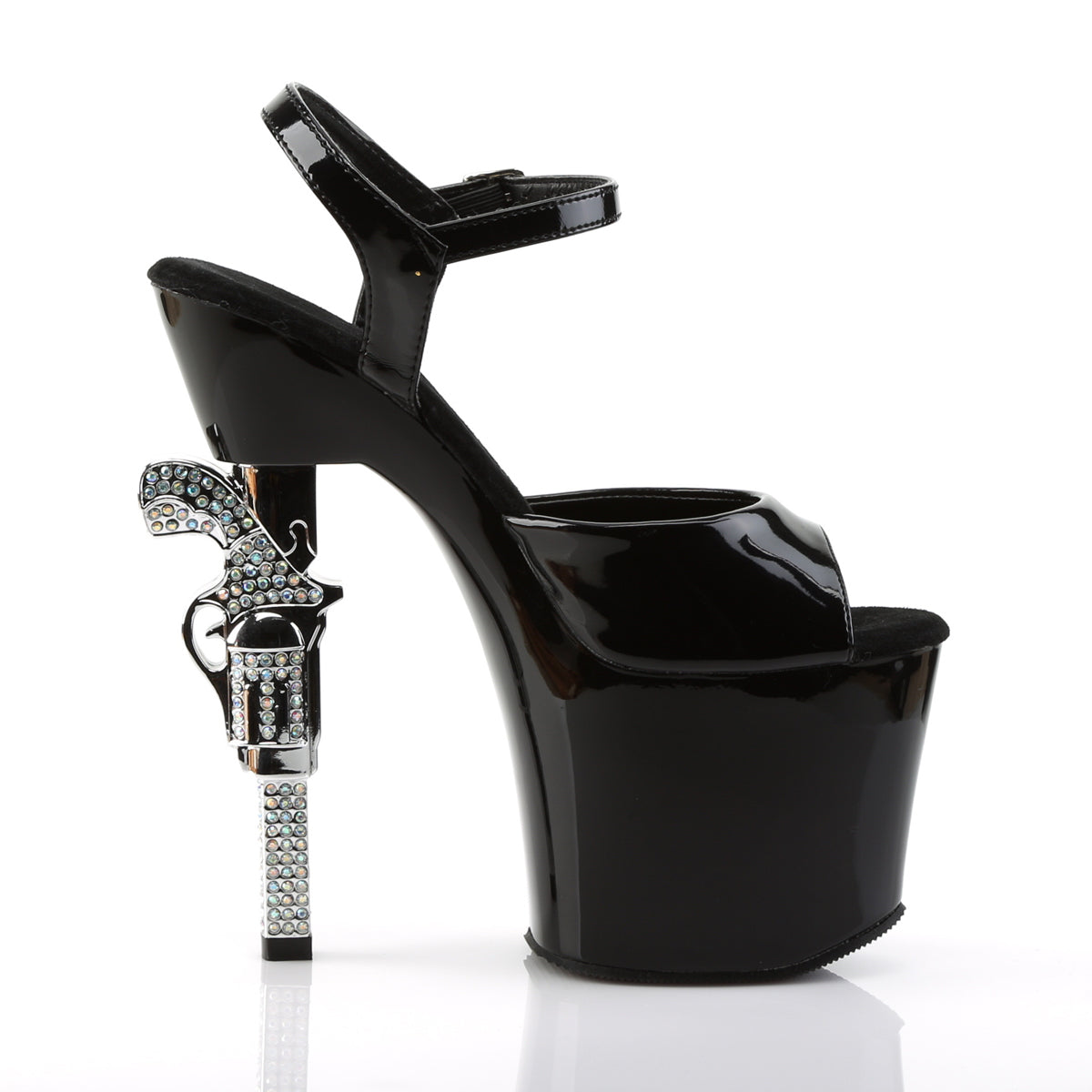 REVOLVER-709 7" R/S Embellished Gun Heel, 3 1/4" PF Ankle Strap Sandal