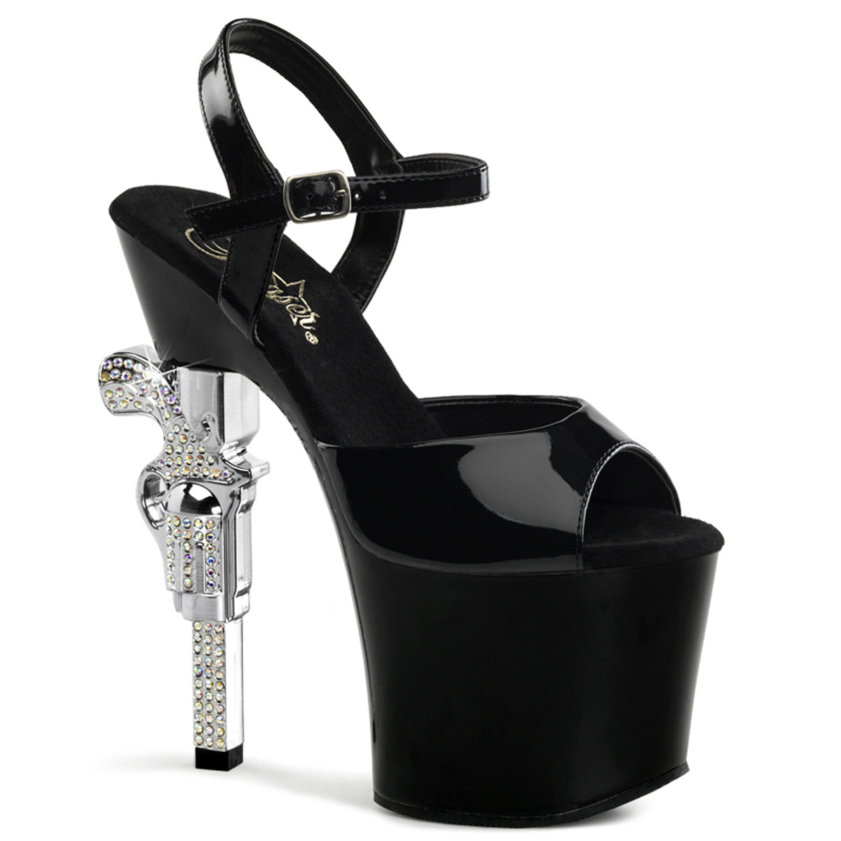 REVOLVER-709 7" R/S Embellished Gun Heel, 3 1/4" PF Ankle Strap Sandal