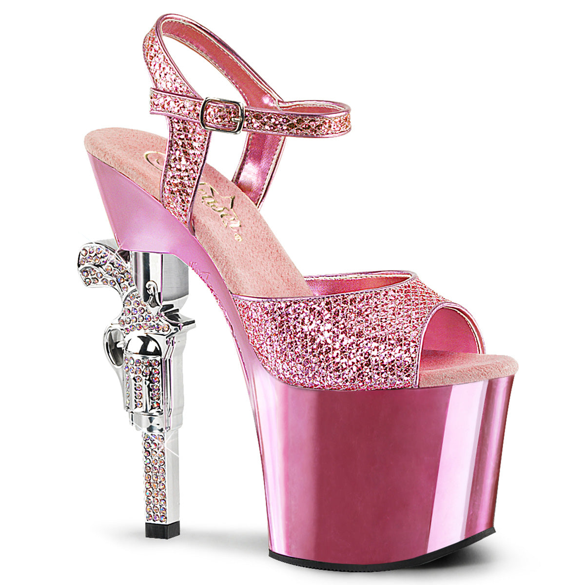 REVOLVER-709G 7" R/S Embellished Gun Heel, 3 1/4" PF Ankle Strap Sandal