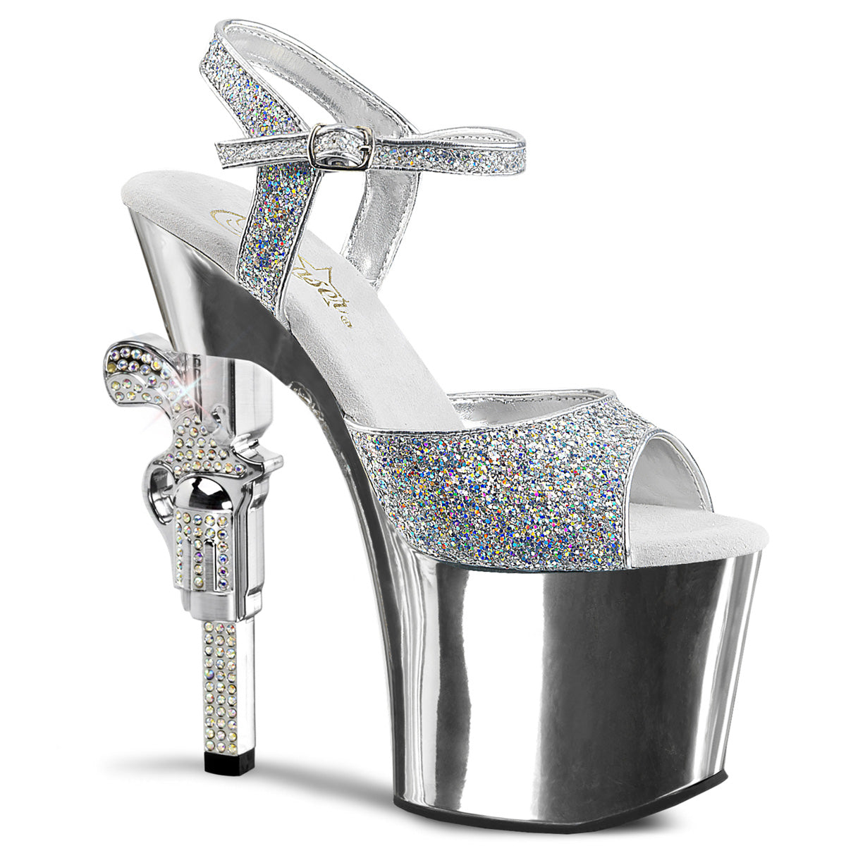 REVOLVER-709G *7" R/S Embellished Gun Heel, 3 1/4" PF Ankle Strap Sandal