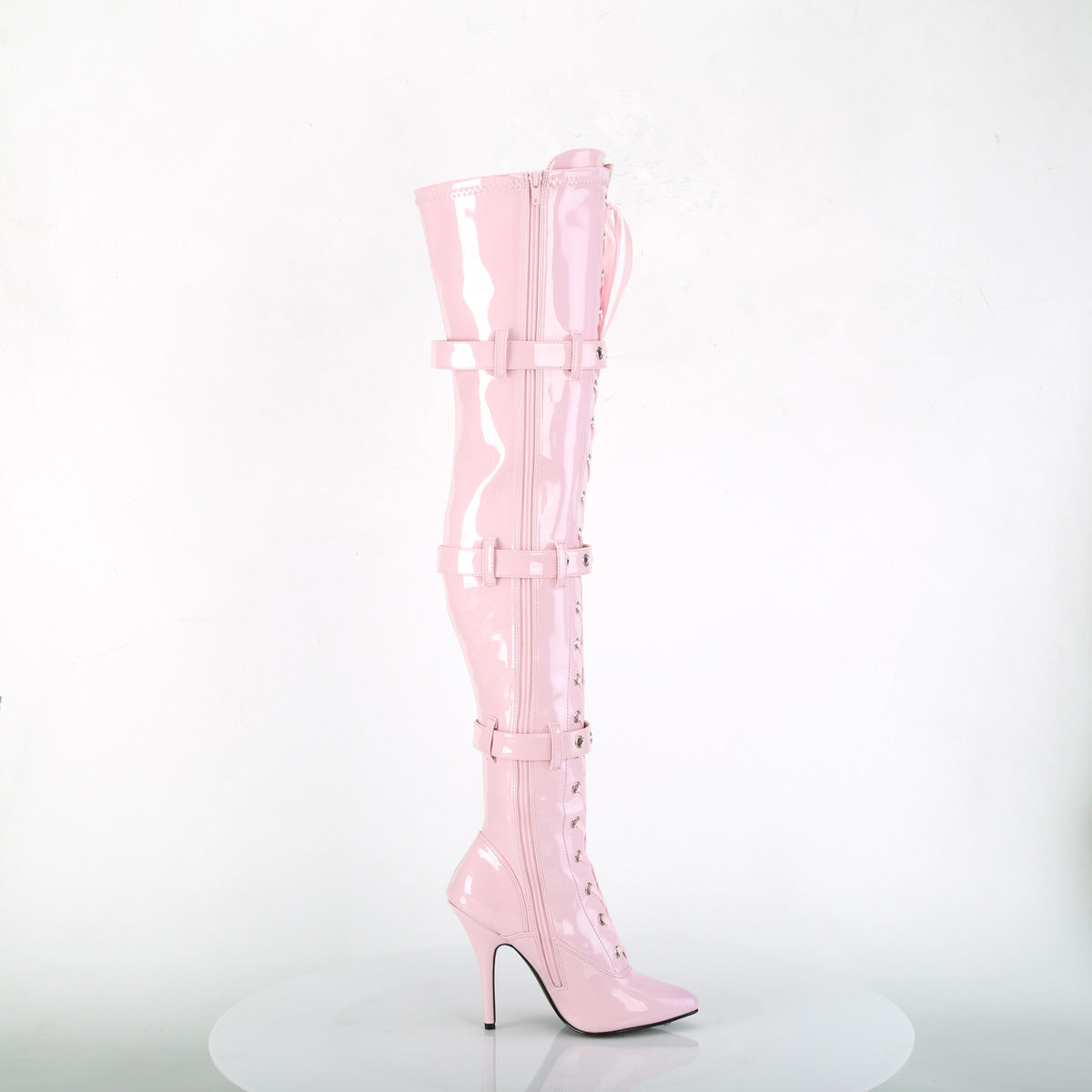SEDUCE-3028 5" Heel Lace-Up Buckle Strap Stretch Thigh Boot, Side Zip