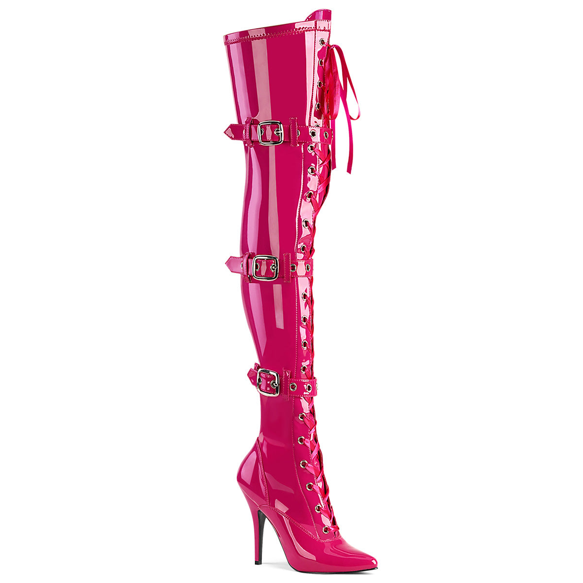 SEDUCE-3028 5" Heel Lace-Up Buckle Strap Stretch Thigh Boot, Side Zip