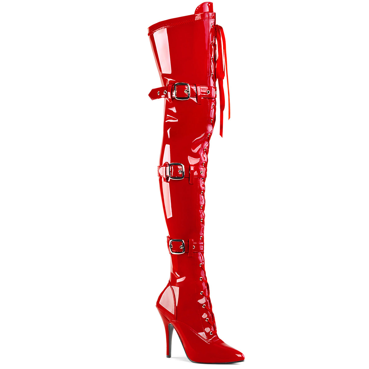 SEDUCE-3028 5" Heel Lace-Up Buckle Strap Stretch Thigh Boot, Side Zip