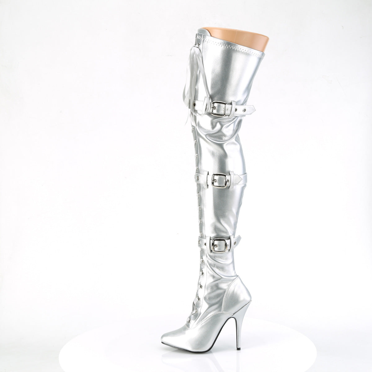 SEDUCE-3028 5" Heel Lace-Up Buckle Strap Stretch Thigh Boot, Side Zip