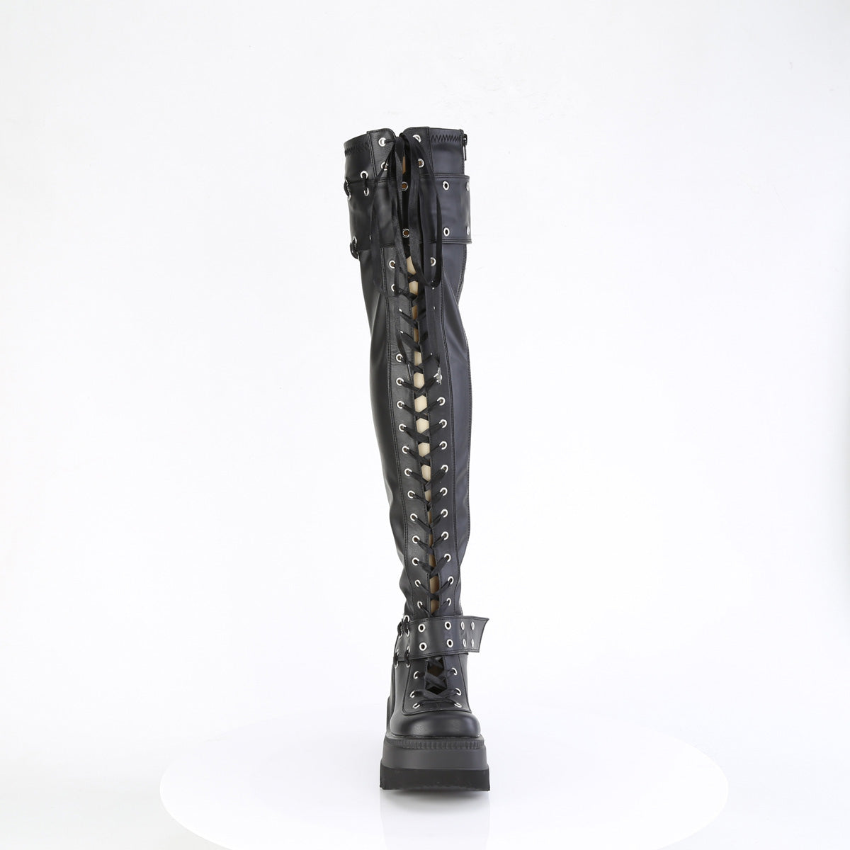 SHAKER-325 4 1/2" Wedge PF Lace-Up Stretch Thigh High Boot, Side Zip