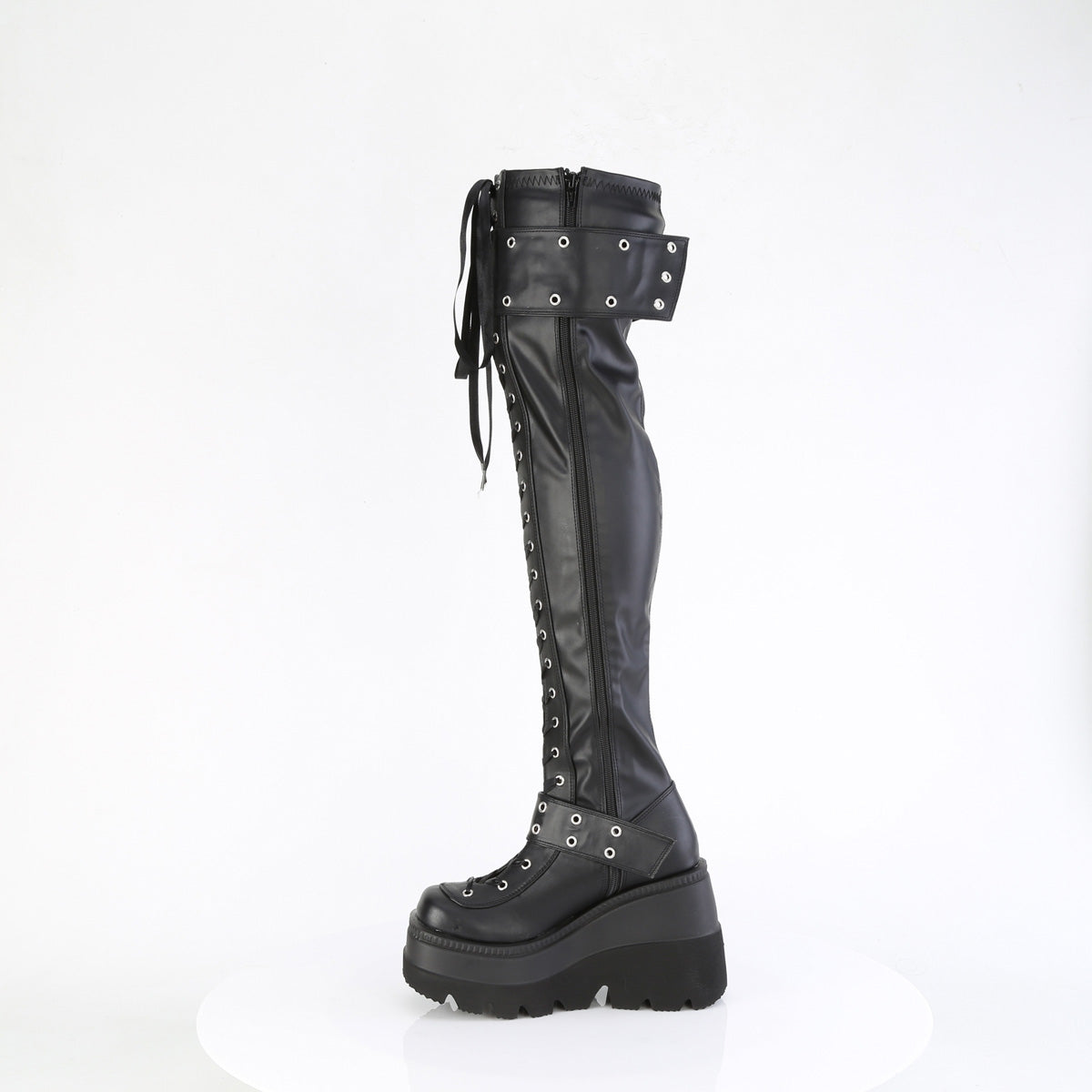 SHAKER-325 4 1/2" Wedge PF Lace-Up Stretch Thigh High Boot, Side Zip