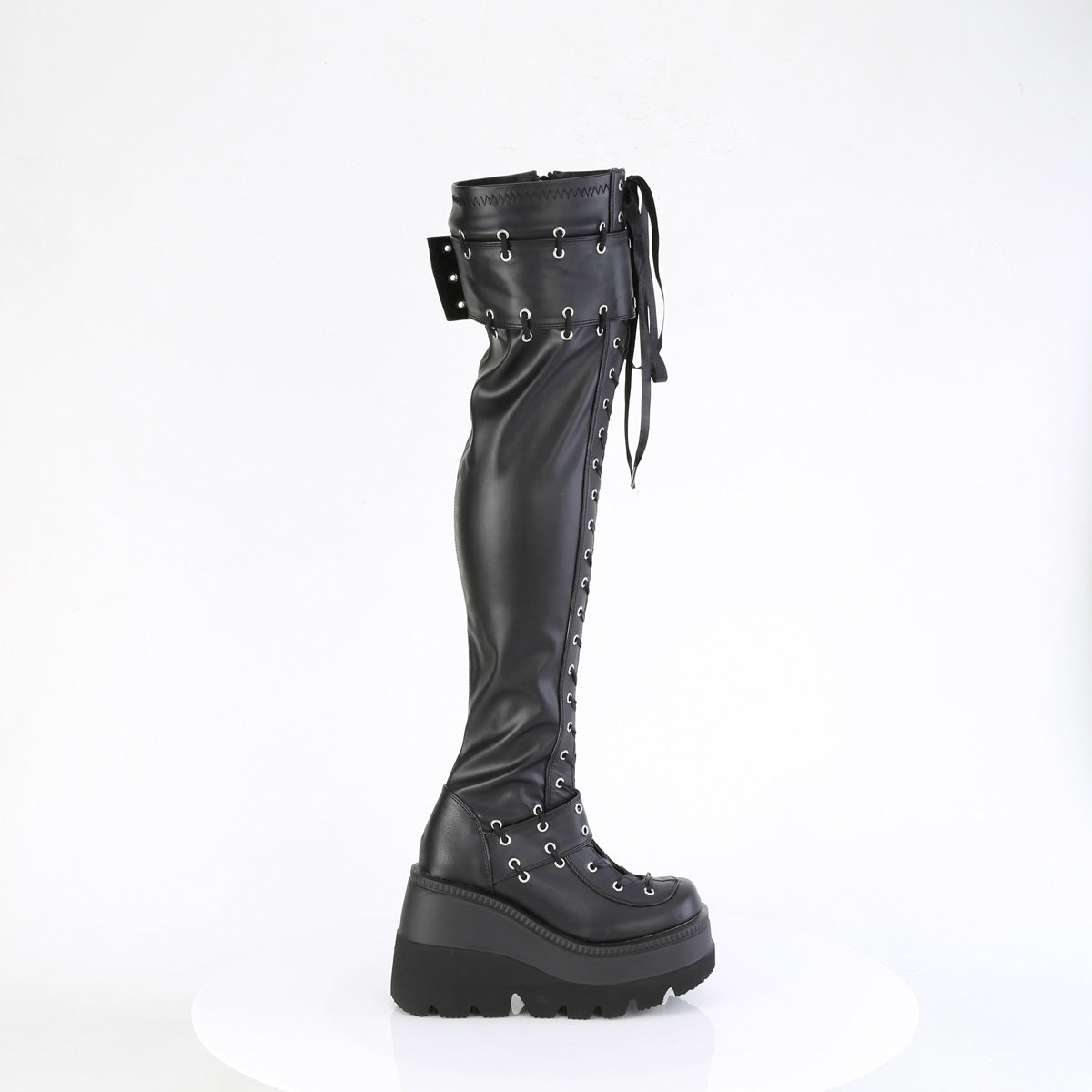 SHAKER-325 4 1/2" Wedge PF Lace-Up Stretch Thigh High Boot, Side Zip