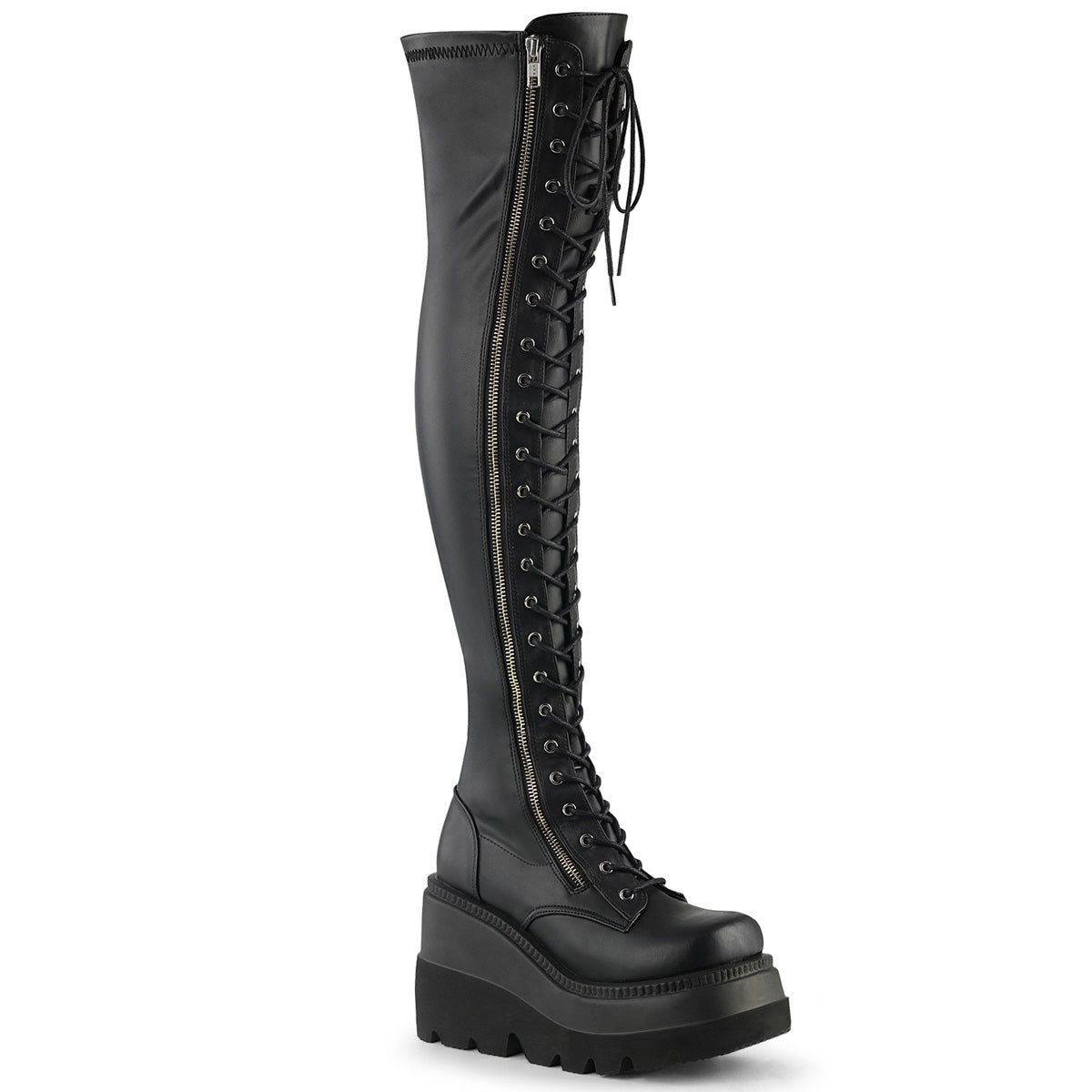 SHAKER-374 4 1/2" Wedge PF Lace-Up Thigh-High Boot, Outside Zip