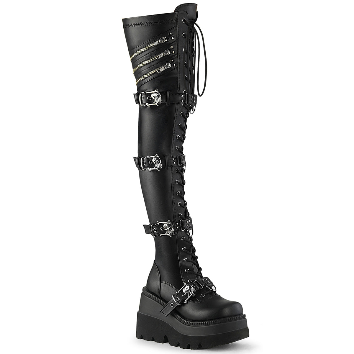 SHAKER-420 4 1/2" Wedge PF Lace-Up Stretch Thigh High Boot, Side Zip