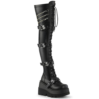 SHAKER-420 4 1/2" Wedge PF Lace-Up Stretch Thigh High Boot, Side Zip