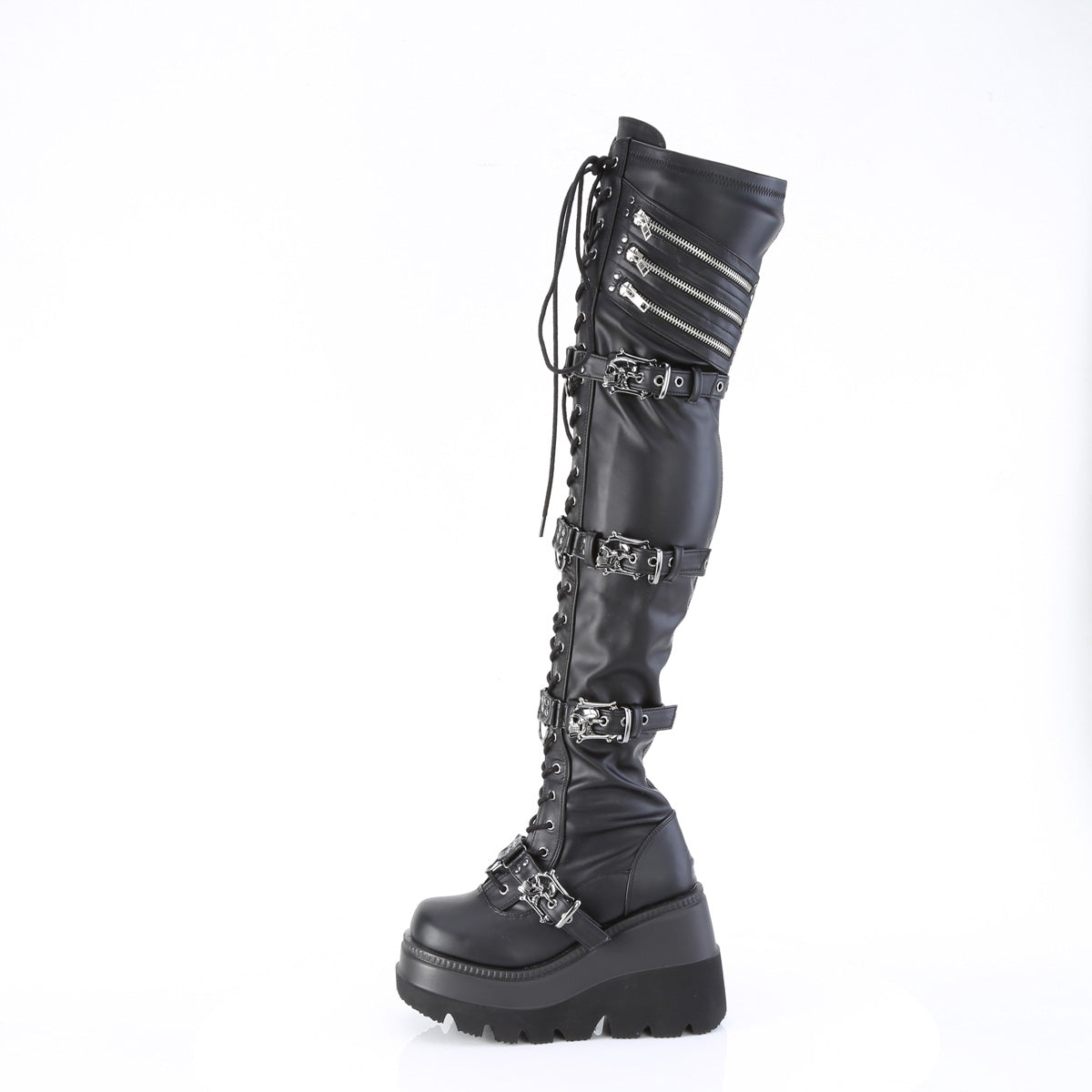 SHAKER-420 4 1/2" Wedge PF Lace-Up Stretch Thigh High Boot, Side Zip