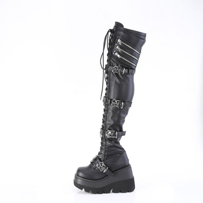 SHAKER-420 4 1/2" Wedge PF Lace-Up Stretch Thigh High Boot, Side Zip