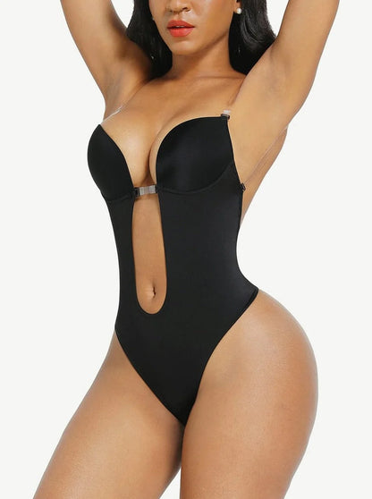 Shapewear Backless U-plunge Bra Fabric Tummy Control Bodysuit with Nubuck Shoulder Straps