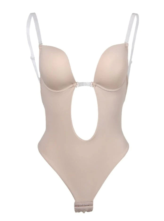 Shapewear Backless U-plunge Bra Fabric Tummy Control Bodysuit with Nubuck Shoulder Straps