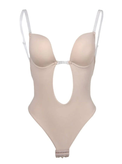 Shapewear Backless U-plunge Bra Fabric Tummy Control Bodysuit with Nubuck Shoulder Straps