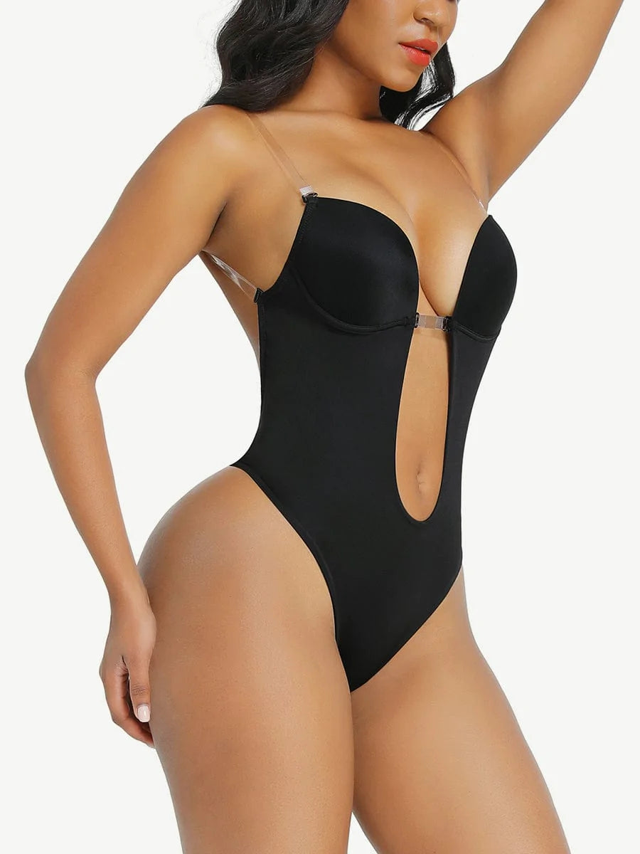 Shapewear Backless U-plunge Bra Fabric Tummy Control Bodysuit with Nubuck Shoulder Straps