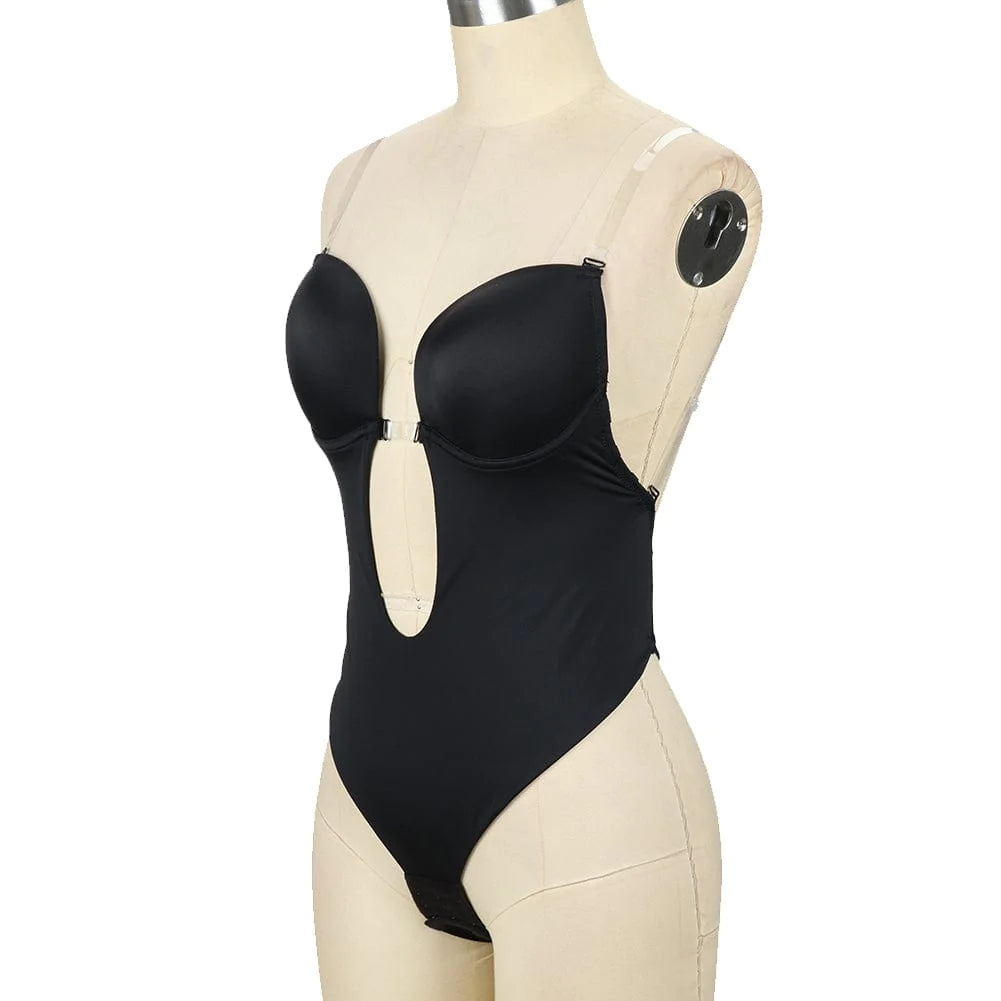 Shapewear Backless U-plunge Bra Fabric Tummy Control Bodysuit with Nubuck Shoulder Straps