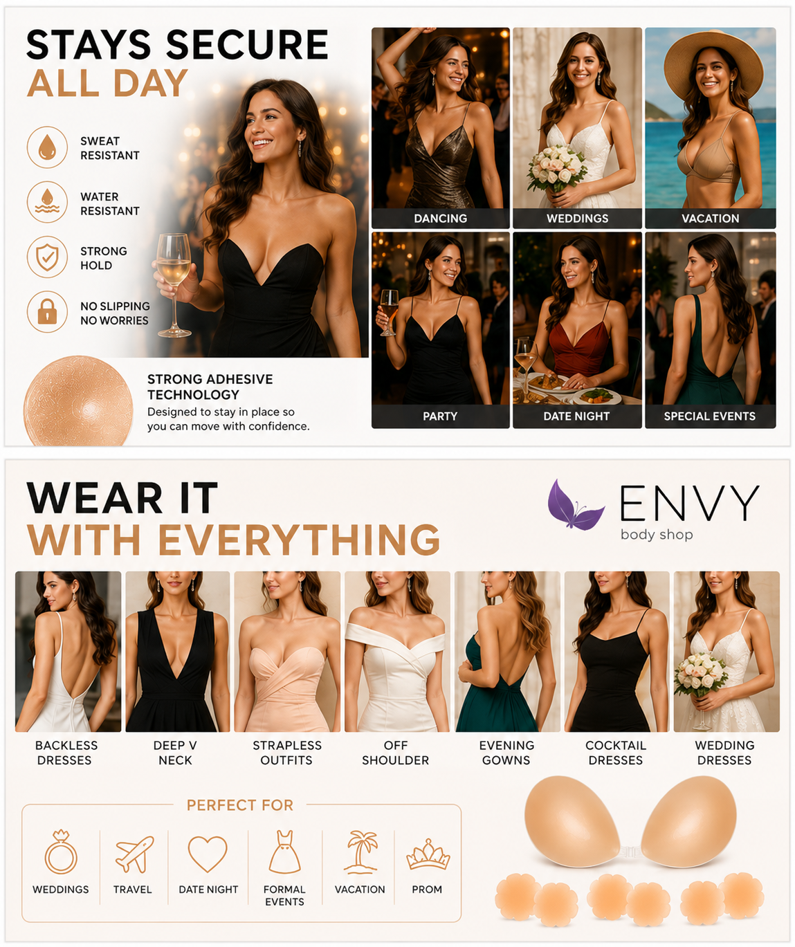 Silicone Adhesive Bra with 3 Pairs Reusable Silicone Nipple Covers – Strapless Sticky Push Up Bra for Women, Invisible Backless Bra for Deep V Dresses, Wedding, Backless & Strapless Outfits
