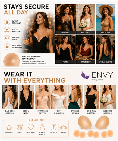Silicone Adhesive Bra with 3 Pairs Reusable Silicone Nipple Covers – Strapless Sticky Push Up Bra for Women, Invisible Backless Bra for Deep V Dresses, Wedding, Backless & Strapless Outfits